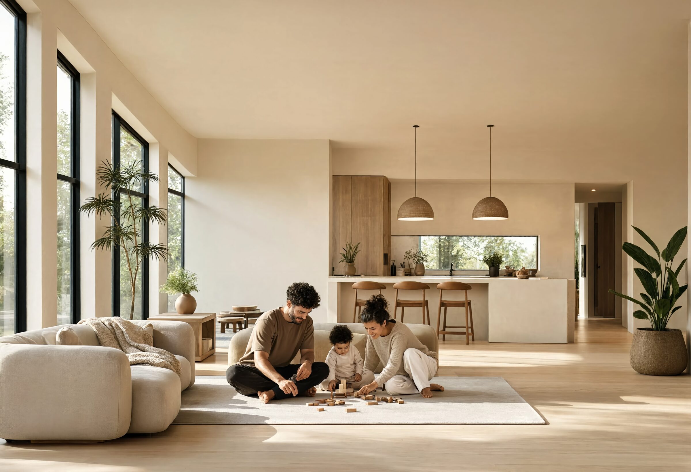 Familia jugando en el living de un hogar moderno con cocina abierta