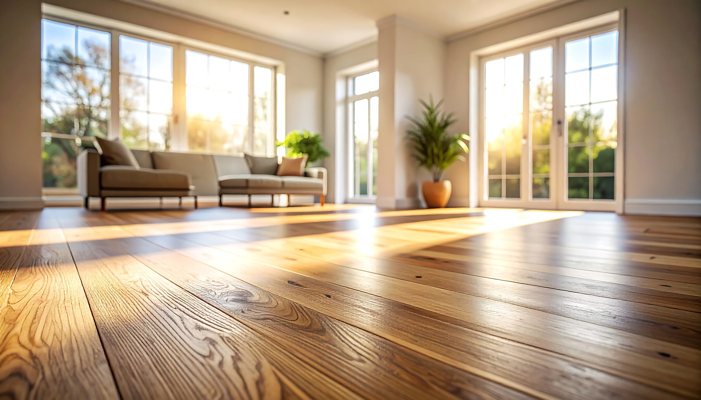 Living con piso de madera y ventanales al jardín